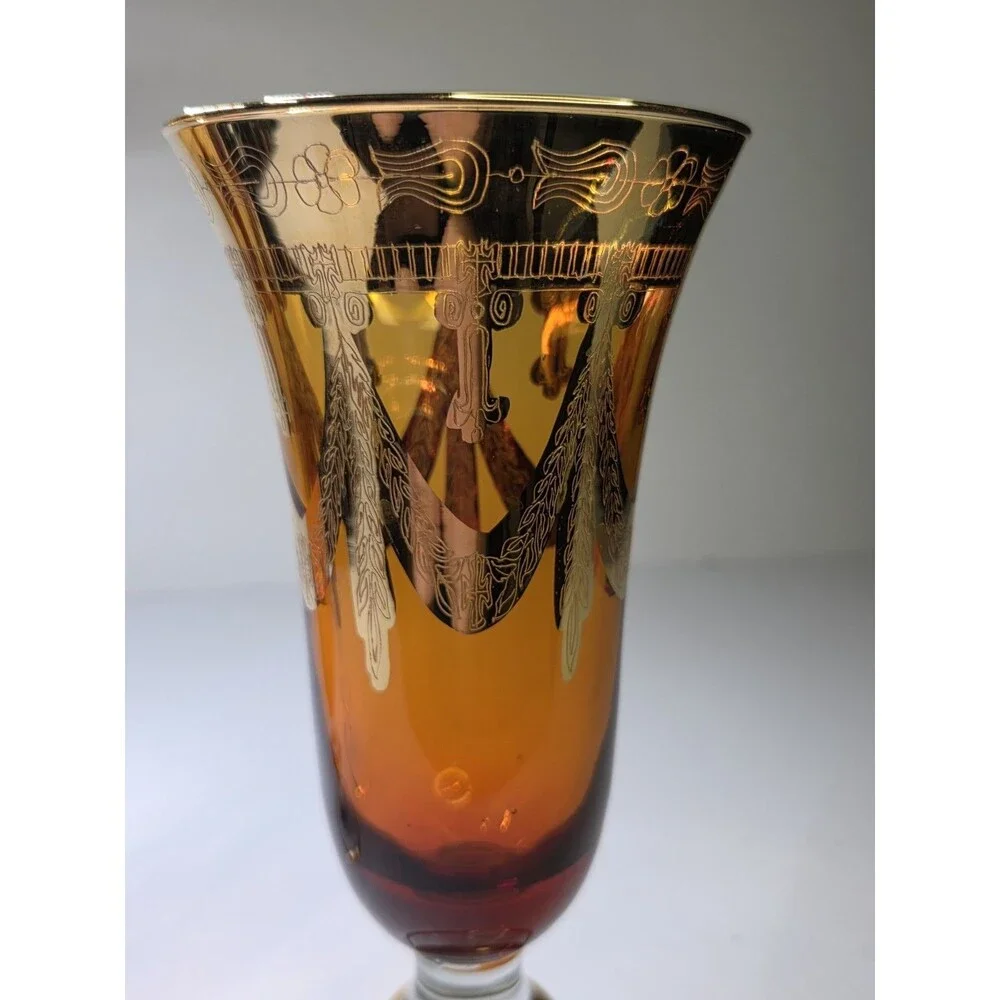 Pair Of Arte Italica Medici Amber Gold Champagne Flutes Goblets Glasses 7.5